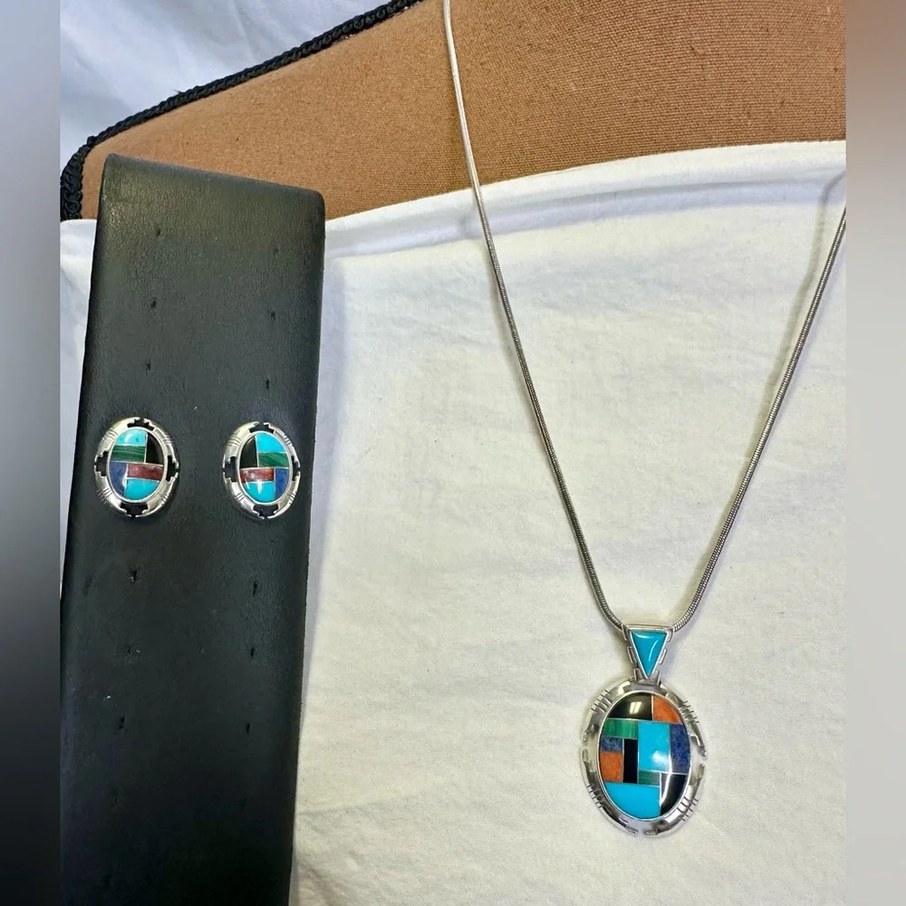 CAROLYN POLLACK RELIOS Sterling Inlay Turquoise Pendant Necklace & Earrings Set